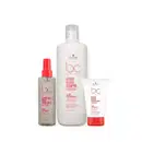 Produtos da linha Bonacure da Schwarzkopf Professional, incluindo um frasco de shampoo, um spray condicionador e um tubo de tratamento para pontas. As embalagens apresentam cores branca e vermelha com o logotipo da marca.