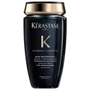 Frasco preto e dourado da linha Chronologiste da Kérastase, contendo um shampoo revitalizante para cabelos e couro cabeludo, com fórmula à base de abissina e ácido hialurônico.