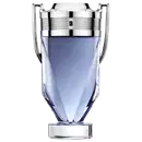 Frasco de perfume Invictus, da marca Paco Rabanne, com design elegante e moderno em tons de azul e prata, com detalhes metálicos na tampa.