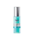 Frasco de sérum hidratante da marca Eucerin, com rótulo em azul claro e texto "Hyaluron-Filler + 3x Effect Serum Hydra Boost" em branco.