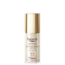 Frasco de vidro dourado com rótulo branco e vermelho da marca Eucerin, contendo um soro antienvelhecimento com ácido hialurônico e elasticidade, indicado para tratamento da pele.
