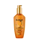 Frasco de óleo capilar da marca L'Oréal Elseve, com embalagem em tom laranja e dourado. 