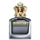 Frasco de perfume Jean Paul Gaultier Scandal, com design elegante em tons de preto e dourado. Embalagem com coroa dourada no topo, destacando o nome da fragrância em letras douradas.