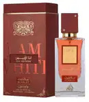 Perfume de luxo da marca Lattafa, em frasco de vidro com tampa dourada, embalado em caixa vermelha com detalhes dourados e texto em árabe e inglês. Produto chamado "Ana Abiyedh" com aroma "Scarlet".