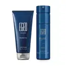 Dois itens da marca Egeo em embalagens azuis com letras cinzas, sendo uma bisnaga de shower gel e um frasco de body spray da linha Blue.