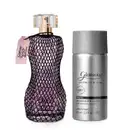 Duas embalagens de desodorante colônia Glamour Secrets Black, sendo um vidro curvilíneo com renda preta em volta e borrifador dourado e o refil em frasco prateado com letras pretas.