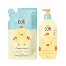Dois itens Boti Baby em embalagens em tons de amarelo, azul e laranja com ilustração de passarinho amarelo, sendo um frasco com bomba dosadora de 400ml de shampoo e um refil em sachê de 350ml.