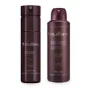 Dois frascos da marca Malbec na cor vinho com letras cinzas, sendo um frasco de body spray e outro frasco de desodorante antitranspirante aerossol.