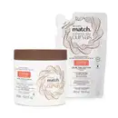 Duas embalagens contendo creme para pentear Match Ciência das Curvas nas cores branca, marrom e preta, sendo um pote de 450ml e um refil em sachê de 400ml.