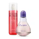 Frasco cilíndrico com líquido rosa, letras vinhos e douradas, pulverizador dourado e tampa branca transparente de body splash Floratta Red e vidro arredondado com líquido claro, tampa e letras azuis de desodorante colônia Ma Chérie.