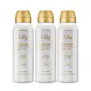 Três frascos brancos com letras e tampas douradas de desodorante antitranspirante aerossol Lily, contendo 125ml em cada um.