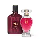 Vidro quadrado marrom com tampa preta e letras douradas de Eau de Parfum Fougère Amadeirado e vidro lapidado em formato de taça com líquido rosa e tampa retangular transparente de Eau de Parfum Floral Frutal.