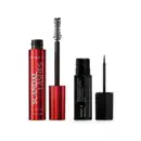 Tubo vinho metálico com letras prateadas, haste e escova aplicadora pretas de máscara de cílios Scandal Lashes e tubo preto com letras cinzas e ponta fina de delineador líquido, ambos da marca Make B.