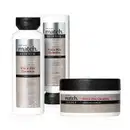 Três itens da marca Match Science Pré e Pós Química em tons de branco, preto e prata, sendo um frasco de 300ml de shampoo, outro frasco de 280ml de condicionador e um pote de 250g de máscara capilar.