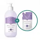 Duas embalagens contendo loção hidratante corporal Cuide-se Bem Rosa e Algodão nas cores branca e lilás com ilustração de uma flor de algodão no rótulo, sendo um frasco com bomba dosadora de 400ml e um refil em sachê de 350ml.