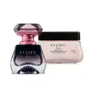 Dois itens da marca Elysée Nuit: vidro com degradê de preto e branco com tampa dourada na forma de um diamante lapidado de Eau de Parfum e um pote com creme branco com tampa e letras pretas de creme acetinado hidratante.