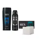 Três itens da marca MEN em tons de preto com detalhes azuis e prateados, sendo um shampoo 2 em 1, um desodorante para os pés e uma caixa com dois sabonetes em barra.
