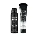 Dois itens da marca MEN Sport em tons de preto, branco e prateado, sendo um creme antiatrito 3 em 1 e um desodorante para os pés.