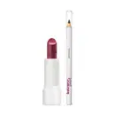 Dois itens da marca Intense Pop em embalagens brancas com letras marrons, sendo um batom na cor rosa e um lápis para os olhos na cor preta.