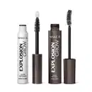 Máscara para cílios em tubo preto com letras brancas e aplicador preto, sérum para cílios e sobrancelhas em tubo branco com letras pretas e aplicador branco, ambos de tampas pretas da marca Explosion Grow Make B. 