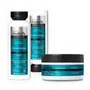 Três itens da marca Match Science Crescimento em embalagem branca com tampa preta e rótulo azul, preto e prata, sendo um frasco de 300ml de shampoo, frasco de 280ml de condicionador e pote de 250g de máscara capilar.