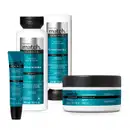 Quatro itens da marca Match Science Crescimento nas cores branca, azul, preto e prateado, sendo shampoo, condicionador, máscara e tônico capilar.