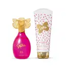 Vidro rosa com tampa amarela em formato de borboleta e letras amarelas contendo 100ml de colônia infantil Sophie Hello e bisnaga branca com detalhe e tampa rosa contendo 200ml de loção corporal da mesma marca.