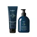 Produtos de higiene corporal Malbec. Um frasco de loção hidratante corporal desodorante de 200 ml, em embalagem plástica azul escura. Um sabonete líquido corporal de 250 g, em embalagem plástica azul escura.