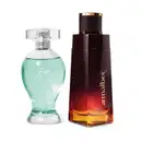 Vidro curvilíneo com líquido azul, pulverizador prateado e tampa transparente com 100ml de desodorante colônia Boticollection Free e frasco com degradê de vinho para dourado e tampa preta com 100ml de desodorante colônia Malbec.