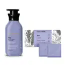 Dois itens Nativa SPA Lilac: frasco na cor lilás com tampa dosadora preta de loção hidratante corporal e dois sabonetes em barra na mesma cor ao lado de sua embalagem branca com rótulo e detalhes lilás.