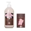 O produto de beleza apresentado na imagem é uma loção hidratante corporal da linha Cuide-se Bem, com fragrância de chocolate. Além do frasco, há também uma barra de sabonete em formato de personagem.