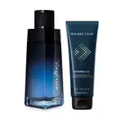 Conjunto de perfumaria Malbec Bleu com frasco geométrico na cor azul degradê para preto de desodorante colônia e gel de banho Malbec Club em bisnaga azul petróleo com detalhes em branco e amarelo.