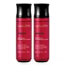 Dois frascos de body splash da marca Nativa SPA Ameixa, ambos em plástico cilíndrico vermelho com texto gravado em dourado e branco e tampa preta.