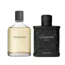 Dois frascos de perfumaria: um com rótulo "Styletto" em embalagem de vidro transparente e outro com rótulo "Uomini Black" em embalagem de vidro preta com textura.