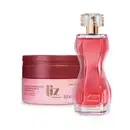 Combo com frasco de vidro com líquido rosa dentro de desodorante colônia Glamour Myriad com tampa em acrílico transparente e borrifador dourado, acompanhado de pote de creme hidratante desodorante corporal Liz com tampa vermelha e corpo rosa.