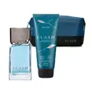 Combo de produtos de perfumaria da marca Clash, incluindo frasco de desodorante colônia transparente com líquido azul e tampa cinza, bisnaga azul com tampa preta de creme para barba e nécessaire de tecido da mesma linha nas cores azul escuro e preto.
