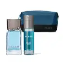 Combo de produtos de perfumaria da marca Clash, incluindo frasco de desodorante colônia transparente com líquido azul e tampa cinza, frasco cilíndrico de body spray e nécessaire de tecido da mesma linha nas cores azul escuro e preto.