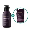 Embalagem de loção corporal Nativa SPA Uva Merlot em frasco roxo escuro com tampa dosadora preta e refil do mesmo produto em fundo roxo escuro com detalhes dourados e letras brancas de mesma marca.