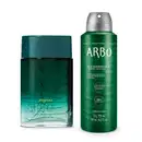 Dois itens da marca Arbo: frasco de vidro com degradê de verde para transparente de desodorante colônia da linha Atlântica e lata de antitranspirante aerossol jato seco verde, ambos com design moderno e cores vibrantes.
