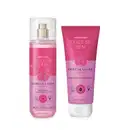 Dois itens de perfumaria da marca Cuide-se Bem Cereja Livre: um frasco de body splash na cor rosa e uma bisnaga de loção desodorante hidratante na mesma cor, ambos com rótulos em tons de rosa com cereja ilustrada.
