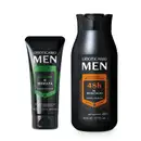Dois produtos da da marca Men um creme pré e pós-barba em bisnaga de 150g com detalhes verdes e um desodorante corporal em frasco de 200ml com detalhes laranja. As duas embalagens são na cor preta com letras brancas.