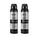 Dois frascos pretos de antitranspirante aerosol da marca Men Invisible Protect, com rótulos em prata e branco, exibindo informações sobre proteção contra manchas e odores por 72 horas.