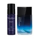 Dois frascos de produtos de perfumaria da marca Malbec: um frasco azul marinho com letras amarelas da linha Ultra Bleu e outro frasco de vidro em tons de azul com letras brancas da linha Deep Blue.