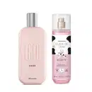 Dois frascos de perfumaria: um frasco rosa claro com tampa prateada de desodorante colônoia Egeo Choc e outro frasco transparente, líquido rosa, válvula spray e rótulo branco e rosa com manchas pretas e vaca ilustrada de body splash Cuide-se Bem Deleite.