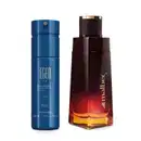 Frasco azul com rótulo dourado de body spray Ego Blue e outro frasco vinho e dourado com rótulo dourado de desodorante colônia Malbec.