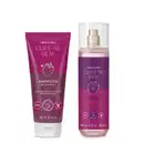 Dois produtos de perfumaria da marca Cuide-se bem Amoruda: um sabonete esfoliante corporal em embalagem roxa e um body splash em frasco transparente com líquido lilás e rótulo roxo, ambos com amoras ilustradas.