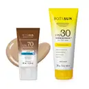 Dois produtos de proteção solar da marca Boti Sun: um frasco de protetor solar facial FPS 70 Cor 03 em bisnaga marrom e branca e uma frasco protetor solar corporal FPS 30 em bisnaga amarela e branca com tampa amarela.