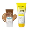 Dois produtos de proteção solar da marca Boti Sun: um frasco de protetor solar facial FPS 70 Cor 04 em bisnaga marrom e branca e uma frasco protetor solar corporal FPS 30 em bisnaga amarela e branca com tampa amarela.