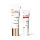 Imagem de dois produtos de cuidados para a pele da marca Botik Cica Pantenol e Ceramidas: um creme multirreparador calmante em tubo com tampa prateada e uma bisnaga de reparador labial. Ambos em embalagem branca com detalhe laranja.