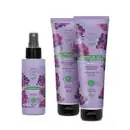 Imagem de produtos para cabelos da marca Cuide-se bem Feira Cachos de Uva, incluindo spray perfumado, shampoo e máscara, com embalagens em tons de roxo destacando cachos de uva e informações sobre uso para fios.